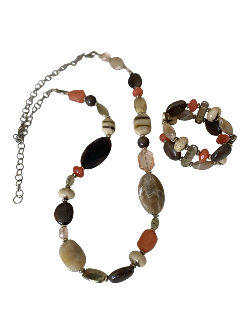 Vintage Beaded Multi-Color Brown Coral Ivory Stone Necklace & Bracelet Set